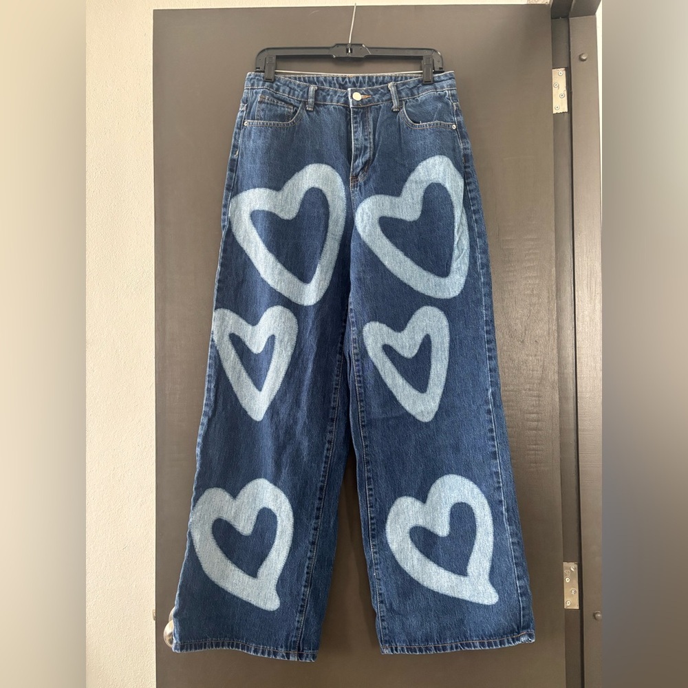 High Waisted Heart Print Wide Leg Jeans | Dark Wash Denim Size Large - Picture 3 of 5